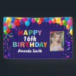 Happy 16th Birthday Colorful Balloons Navy Blue Spandoek<br><div class="desc">Fijne 16de verjaardag kleurrijke ballonnen Confetti Navy Blue Photo Banner. Voor verdere aanpassing,  te klikken gelieve de knoop "van de Aanpassing het"en ons ontwerphulpmiddel te gebruiken om deze sjabloon te wijzigen.</div>