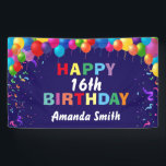 Happy 16th Birthday Colorful Balloons Navy Blue Spandoek<br><div class="desc">Fijne 16de verjaardag Colorful Balloons Confetti Navy Blue Banner. Voor verdere aanpassing,  te klikken gelieve de knoop "van de Aanpassing het"en ons ontwerphulpmiddel te gebruiken om deze sjabloon te wijzigen.</div>