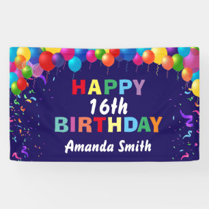 Happy 16th Birthday Colorful Balloons Navy Blue Spandoek