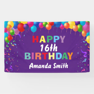 Happy 16th Birthday Colorful Balloons Paars Spandoek