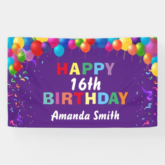 Happy 16th Birthday Colorful Balloons Paars Spandoek (Horizontaal)