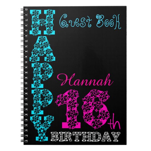 Happy 16th Birthday Girly Personalized Guest Book Notitieboek (Voorkant)