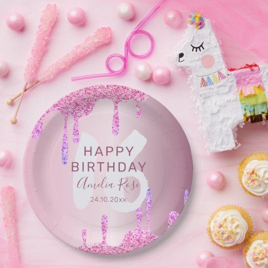 Happy 16th Birthday Glitter Druppelt Roze Metallic Papieren Bordje (Feest)