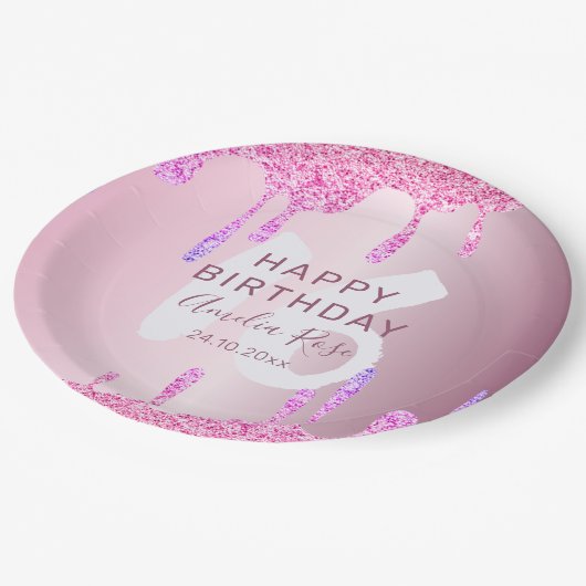Happy 16th Birthday Glitter Druppelt Roze Metallic Papieren Bordje (Gekanteld)