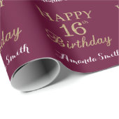 Happy 16th Birthday Gold Glitter en Burgundy Red Cadeaupapier (Rol Hoek)