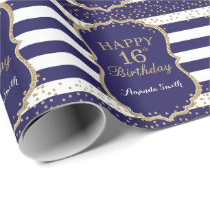 Happy 16th Birthday Gold Glitter en Navy Blue Cadeaupapier