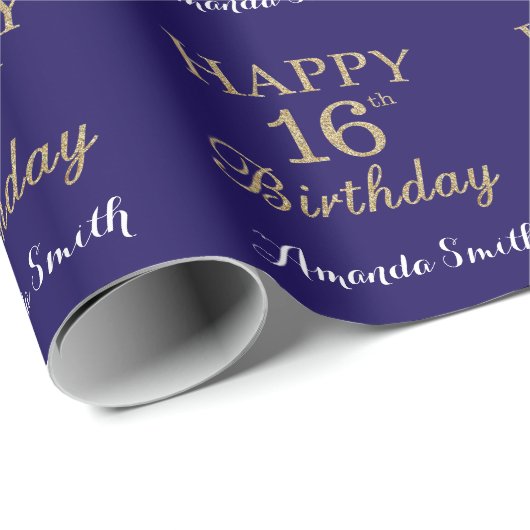 Happy 16th Birthday Gold Glitter en Navy Blue Cadeaupapier (Rol Hoek)