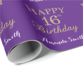 Happy 16th Birthday Gold Glitter en Paars Cadeaupapier (Rol Hoek)