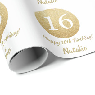 Happy 16th Birthday Gold Glitter en White Cadeaupapier