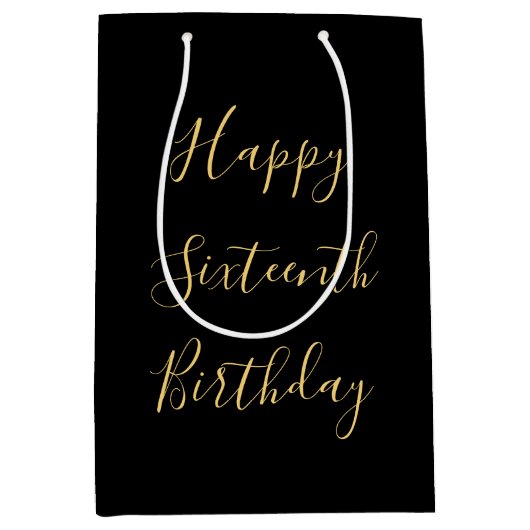Happy 16th Birthday Golden Yellow Custom Age Black Medium Cadeauzakje (Voorkant)