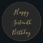 Happy 16th Birthday Golden Yellow Custom Age Black Ronde Sticker<br><div class="desc">Ontworpen met gouden gele tekstsjabloon voor het "Happy Sixtiende Birthday"-bericht dat u kunt bewerken om de kleur achtergrond aan te passen en ook aan te passen.</div>