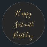 Happy 16th Birthday Golden Yellow Custom Age Black Ronde Sticker<br><div class="desc">Ontworpen met gouden gele tekstsjabloon voor het "Happy Sixtiende Birthday"-bericht dat u kunt bewerken om de kleur achtergrond aan te passen en ook aan te passen.</div>
