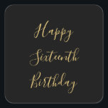 Happy 16th Birthday Golden Yellow Custom Age Black Vierkante Sticker<br><div class="desc">Ontworpen met gouden gele tekstsjabloon voor het "Happy Sixtiende Birthday"-bericht dat u kunt bewerken om de kleur achtergrond aan te passen en ook aan te passen.</div>