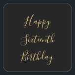 Happy 16th Birthday Golden Yellow Custom Age Black Vierkante Sticker<br><div class="desc">Ontworpen met gouden gele tekstsjabloon voor het "Happy Sixtiende Birthday"-bericht dat u kunt bewerken om de kleur achtergrond aan te passen en ook aan te passen.</div>