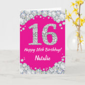Happy 16th Birthday Hot Pink en Silver Glitter Kaart (Gele Bloem)