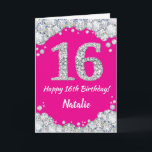 Happy 16th Birthday Hot Pink en Silver Glitter Kaart<br><div class="desc">Fijne 16e verjaardag Hot Pink en Silver Glitter Card met persoonlijke naam. Voor verdere aanpassing,  te klikken gelieve de knoop "van de Aanpassing het"en ons ontwerphulpmiddel te gebruiken om deze sjabloon te wijzigen.</div>