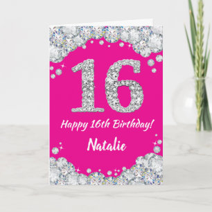 Happy 16th Birthday Hot Pink en Silver Glitter Kaart