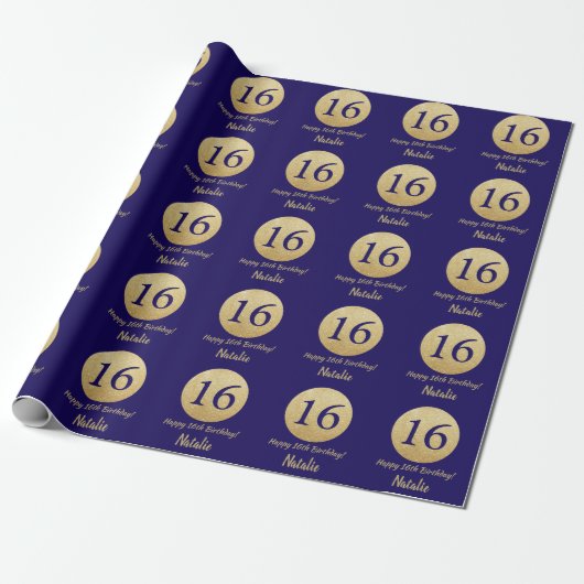 Happy 16th Birthday Navy Blue en Gold Glitter Cadeaupapier (Uitgerold)
