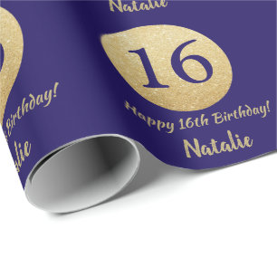 Happy 16th Birthday Navy Blue en Gold Glitter Cadeaupapier