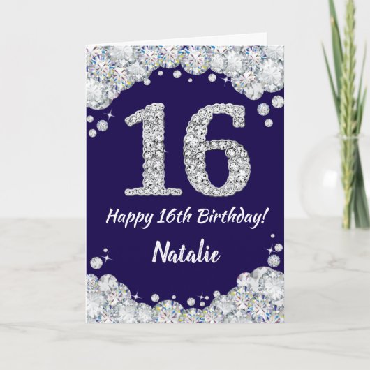 Happy 16th Birthday Navy Blue en Silver Glitter Kaart (Voorkant)