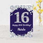 Happy 16th Birthday Navy Blue en Silver Glitter Kaart (Gele Bloem)