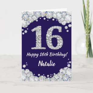 Happy 16th Birthday Navy Blue en Silver Glitter Kaart