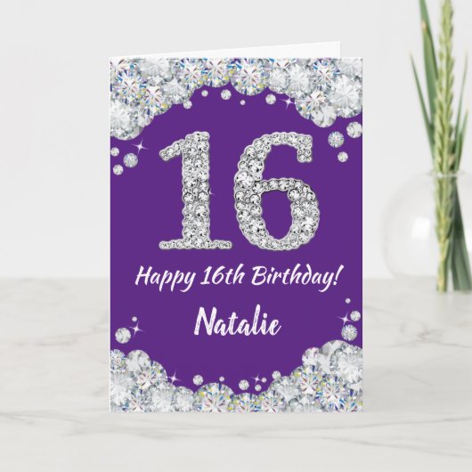 Happy 16th Birthday Paars en Silver Glitter Card Kaart (Voorkant)