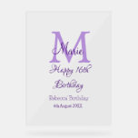 Happy 16th Birthday paarse naam toevoegen monogram Acryl Bord<br><div class="desc">mooi design</div>