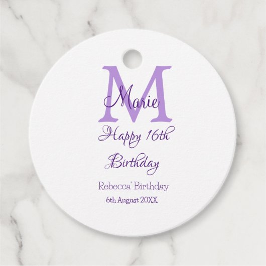 Happy 16th Birthday paarse naam toevoegen monogram Bedankjes Labels (Voorkant)