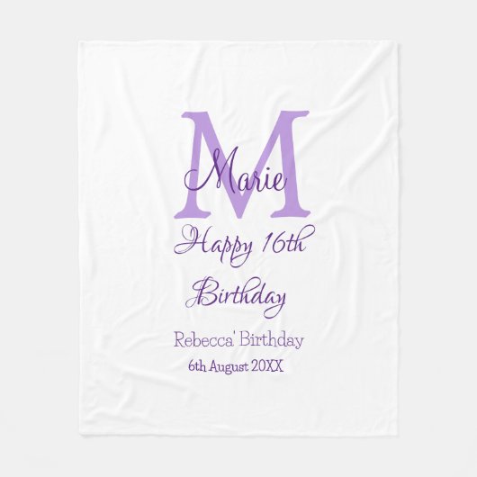 Happy 16th Birthday paarse naam toevoegen monogram Fleece Deken (Voorkant)