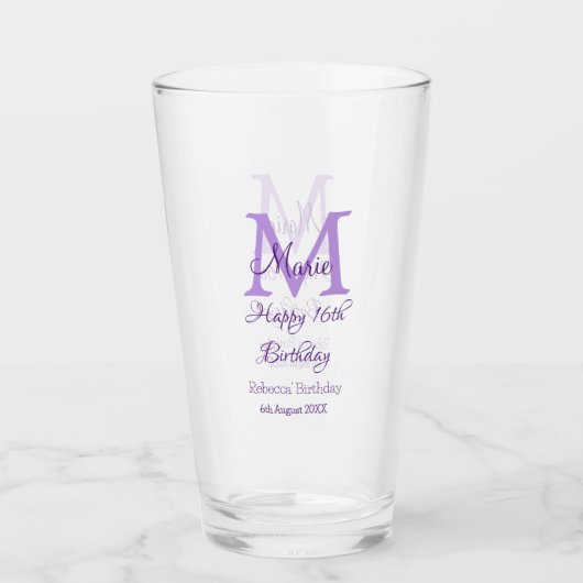 Happy 16th Birthday paarse naam toevoegen monogram Glas (Voorkant)