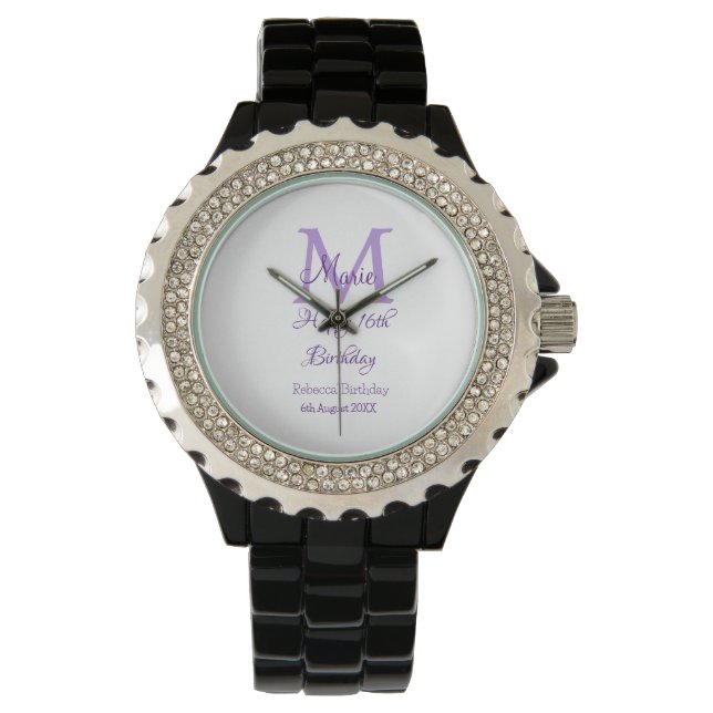 Happy 16th Birthday paarse naam toevoegen monogram Horloge (Voorkant)