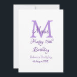 Happy 16th Birthday paarse naam toevoegen monogram Kaart<br><div class="desc">mooi design</div>