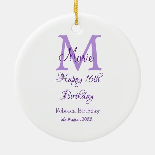 Happy 16th Birthday paarse naam toevoegen monogram Keramisch Ornament (Achterkant)
