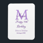 Happy 16th Birthday paarse naam toevoegen monogram Magneet<br><div class="desc">mooi design</div>