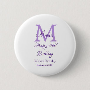 Happy 16th Birthday paarse naam toevoegen monogram Ronde Button 5,7 Cm