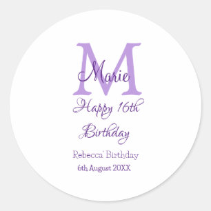 Happy 16th Birthday paarse naam toevoegen monogram Ronde Sticker