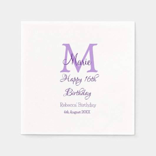 Happy 16th Birthday paarse naam toevoegen monogram Servet (Voorkant)