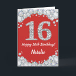 Happy 16th Birthday Red en Silver Glitter Card Kaart<br><div class="desc">Fijne 16de Birthday Red en Silver Glitter Card met persoonlijke naam. Voor verdere aanpassing,  te klikken gelieve de knoop "van de Aanpassing het"en ons ontwerphulpmiddel te gebruiken om deze sjabloon te wijzigen.</div>