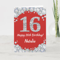 Happy 16th Birthday Red en Silver Glitter Card