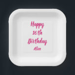 Happy 16th Birthday roze White Custom Name Girly Papieren Bordje<br><div class="desc">Ontworpen met tekst sjabloon voor "Happy 16th Birthday"-bericht en naam die u kunt aanpassen! U kunt ook de achtergrondkleur wijzigen zoals u wilt.</div>