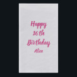 Happy 16th Birthday roze White Custom Name Silver Servet<br><div class="desc">Ontworpen met tekst sjabloon voor "Happy 16th Birthday"-bericht en naam die u kunt aanpassen! U kunt ook de achtergrondkleur wijzigen zoals u wilt.</div>