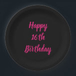 Happy 16th Birthday roze zwarte aangepaste kleur 2 Papieren Bordje<br><div class="desc">Ontworpen met tekst sjabloon voor het "Happy 16th Birthday"-bericht dat u kunt aanpassen! U kunt ook de achtergrondkleur wijzigen zoals u wilt.</div>