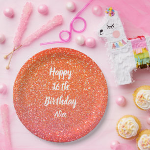 Happy 16th Birthday Salmon Pink Oranje Glitter Papieren Bordje
