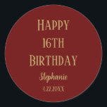 Happy 16th Birthday Sixteen Gold Bourgogne Rood Sc Ronde Sticker<br><div class="desc">Ontworpen voor verjaardagsvieringen!</div>