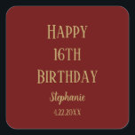 Happy 16th Birthday Sixteen Gold Bourgogne Rood Sc Vierkante Sticker<br><div class="desc">Ontworpen voor verjaardagsvieringen!</div>
