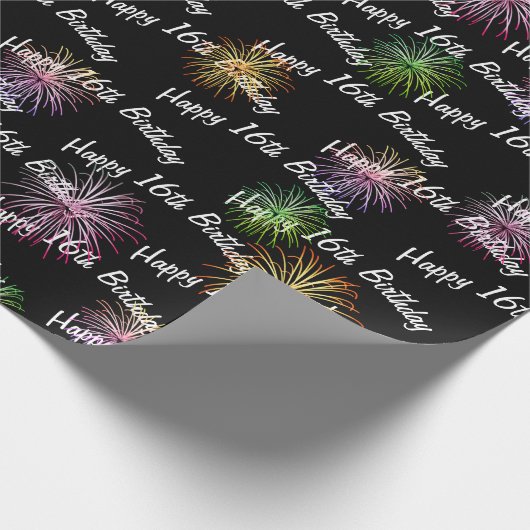 Happy 16th Birthday vuurwerk op zwart Cadeaupapier (Hoek)