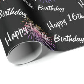 Happy 16th Birthday vuurwerk op zwart Cadeaupapier (Rol Hoek)