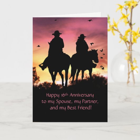 Happy 16th Jubileum Cowboy and Cowgirl Riding Kaart (Gele Bloem)