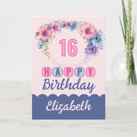 Happy 16th Verjaardag naam floral roze Kaart (Voorkant)